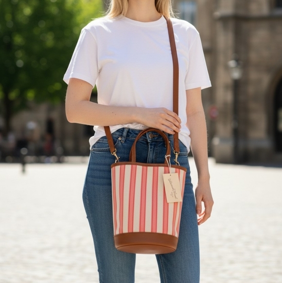 Universal Thread - NEW Striped Canvas Bucket Satchel / Crossbody Vegan Leather - Picture 4 of 11